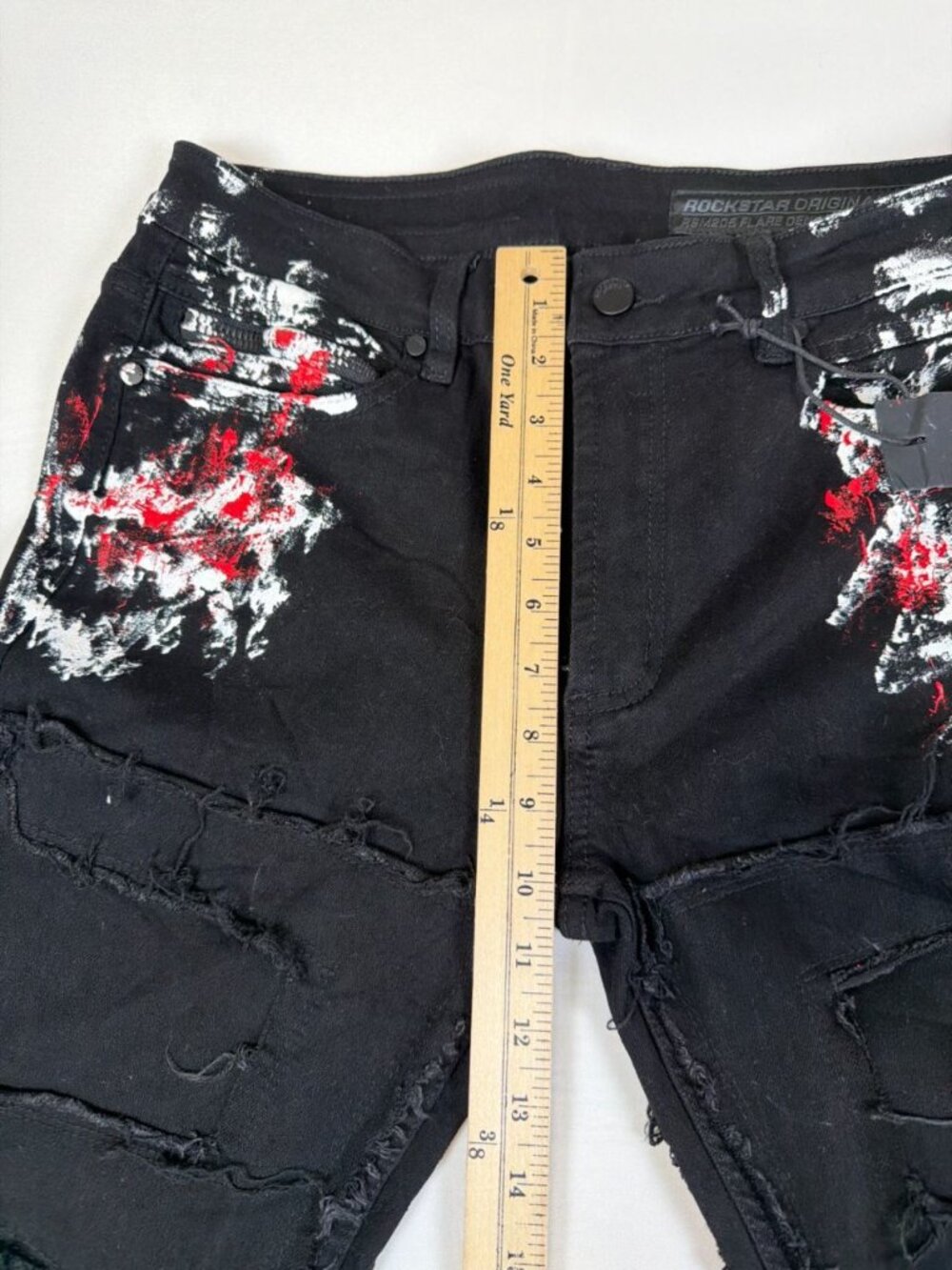 Rockstar Original Men's Black Red Painted Stacked Flare Fringe Jeans Size 34 - Picture 7 of 9